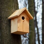 Wooden birdhouse attached to the tree trunk.